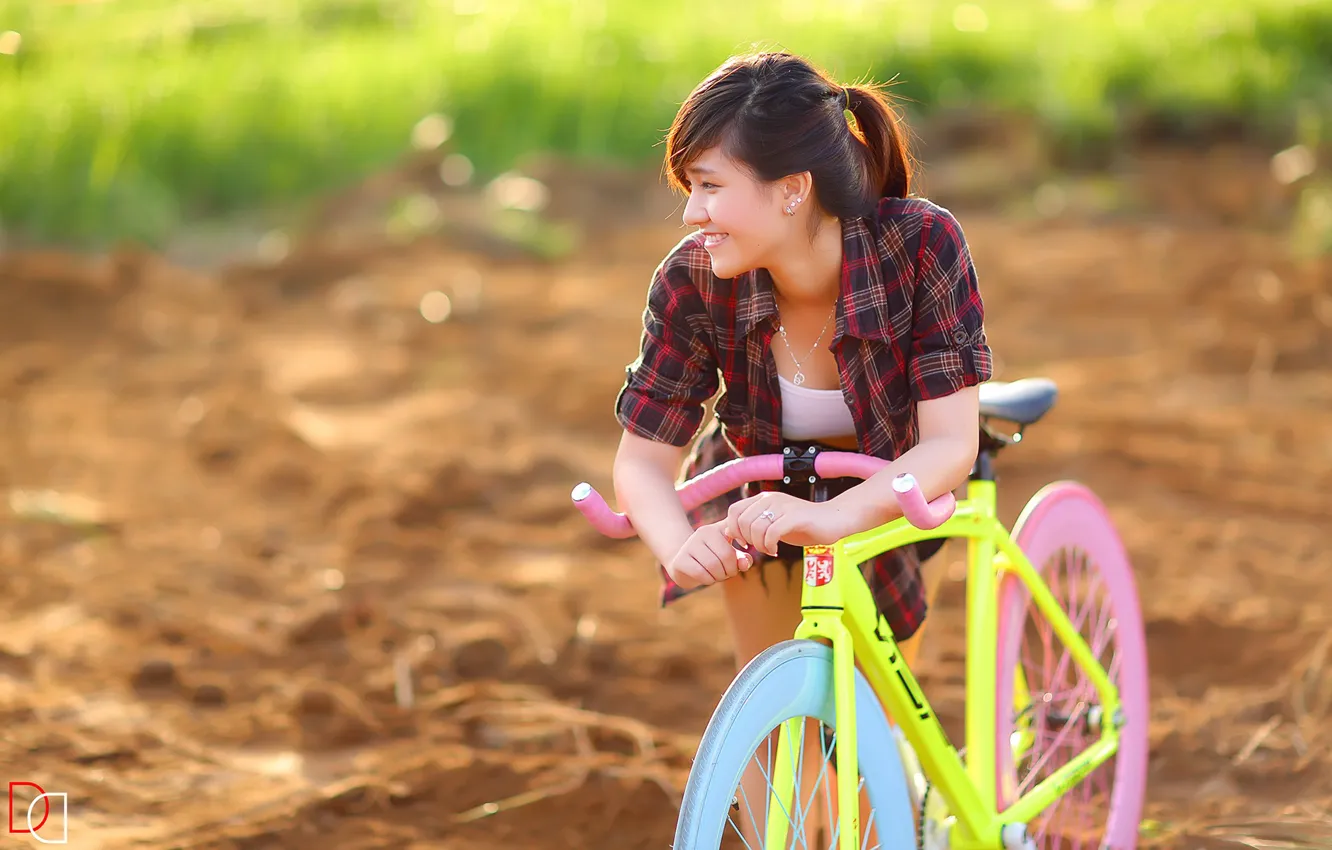 Фото обои лето, девушка, велосипед, азиатка