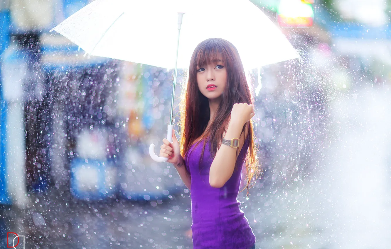Фото обои девушка, дождь, зонт, азиатка