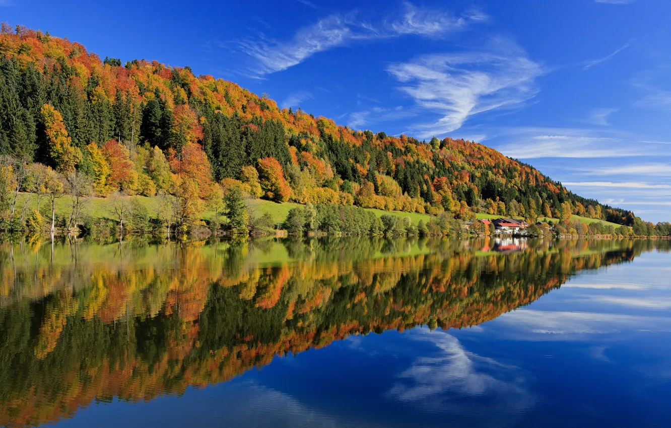 Фото обои осень, лес, небо, листья, облака, деревья, озеро, отражение