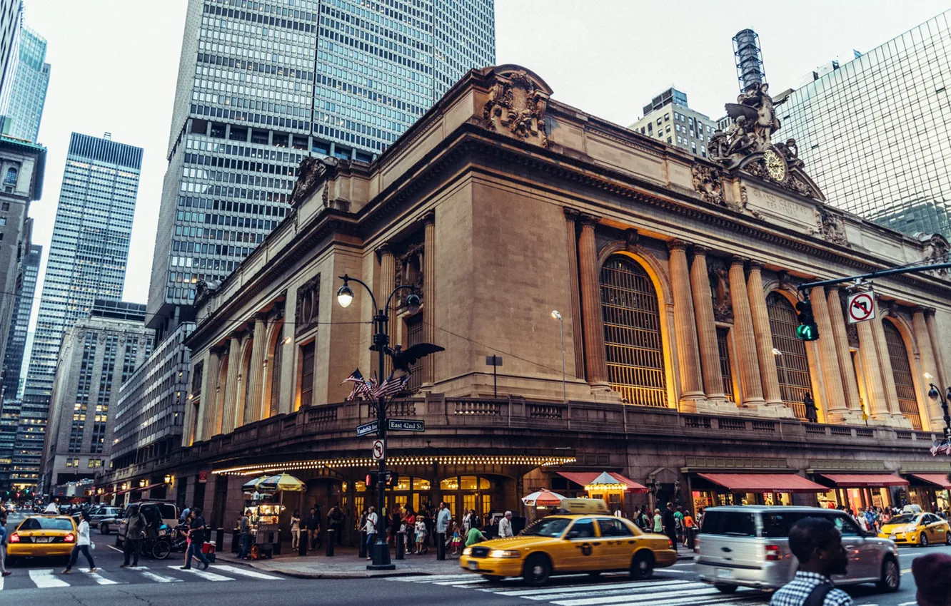 Фото обои улица, вокзал, дома, Нью-Йорк, США, автомобиль, Grand Central Terminal