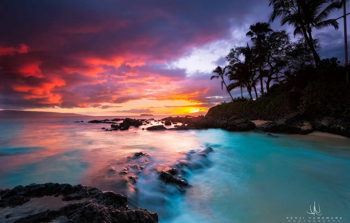 Фото обои закат, пальмы, Гавайи, photographer, Kenji Yamamura, Secret Beach, отров Мауи