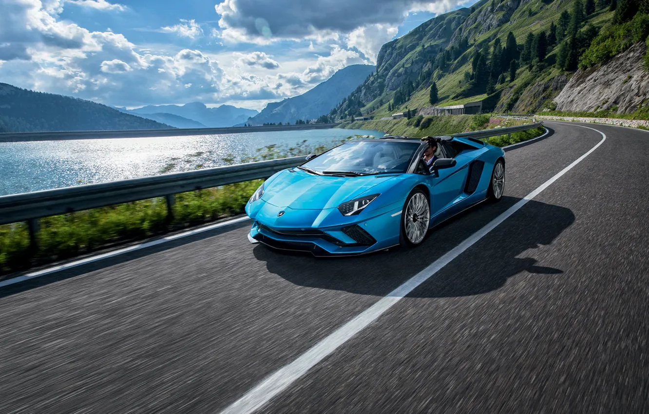 Фото обои дорога, голубой, холмы, Roadster, скорость, Lamborghini, Aventador