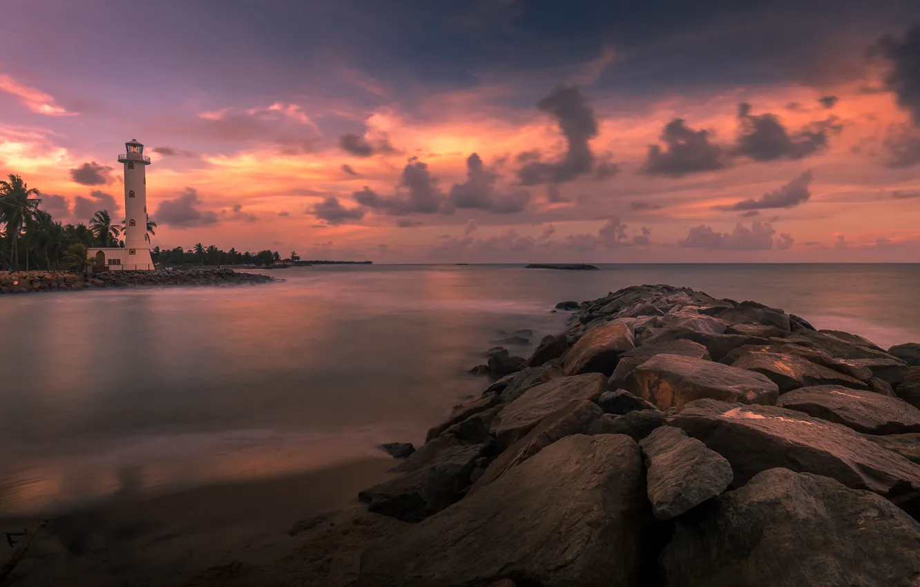 Фото обои море, облака, маяк, остров, зарево, Шри-Ланка