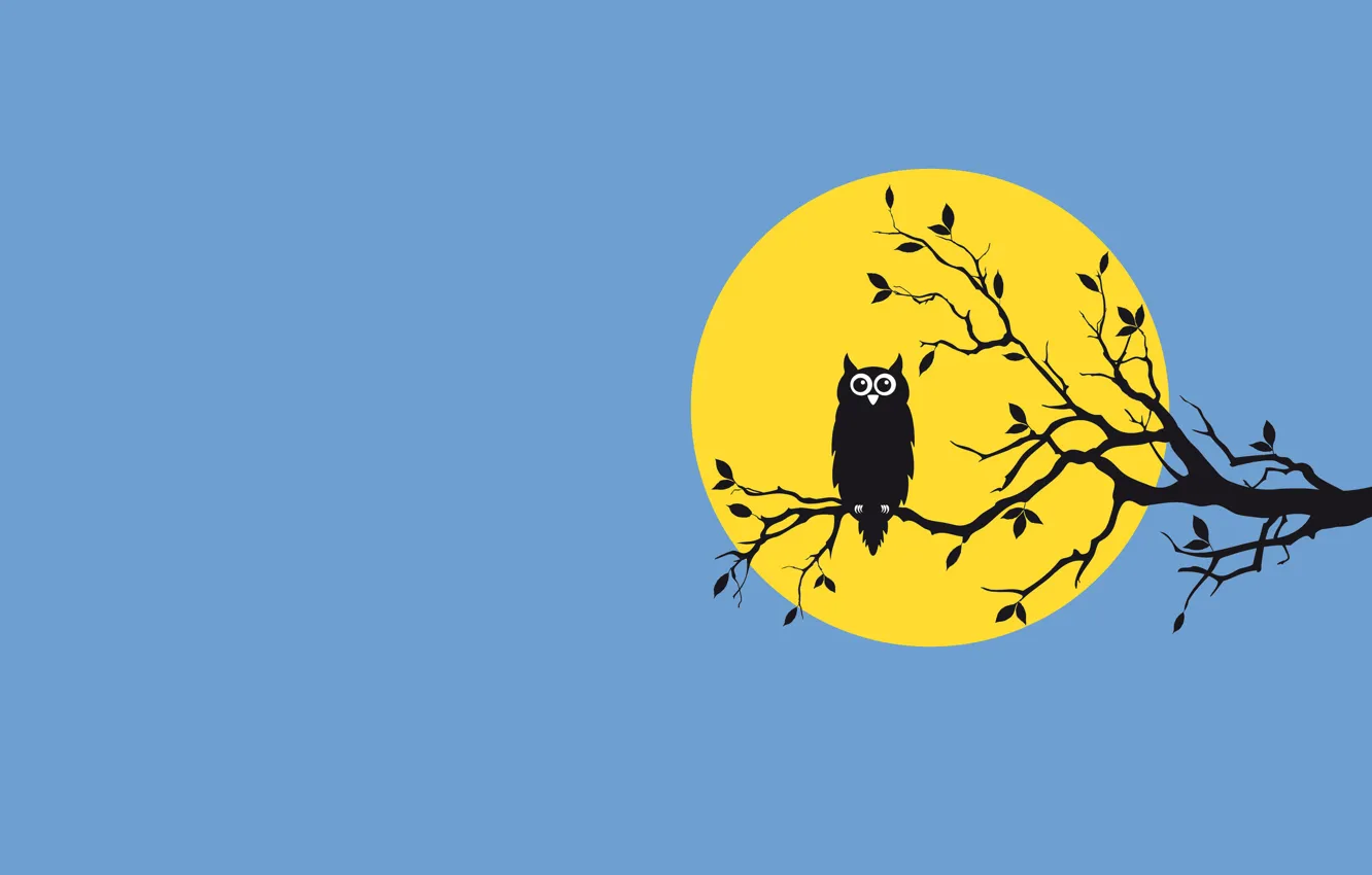 Фото обои дерево, сова, птица, луна, ветка, светлый фон, owl