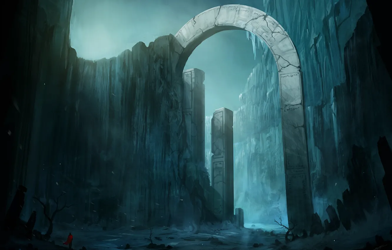 Фото обои холод, снег, горы, скалы, арт, арка, путник, колонна