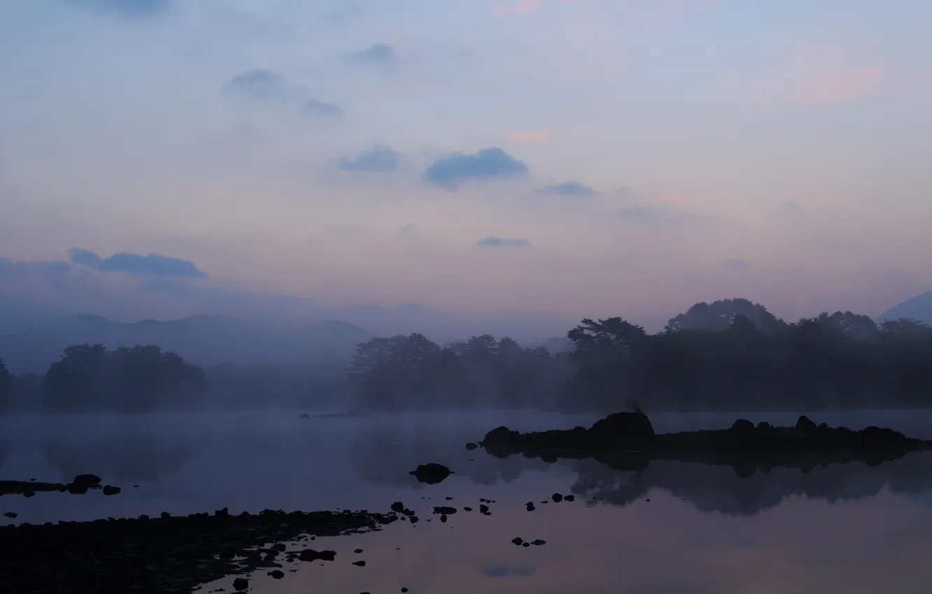 Фото обои деревья, туман, озеро, рассвет, островки