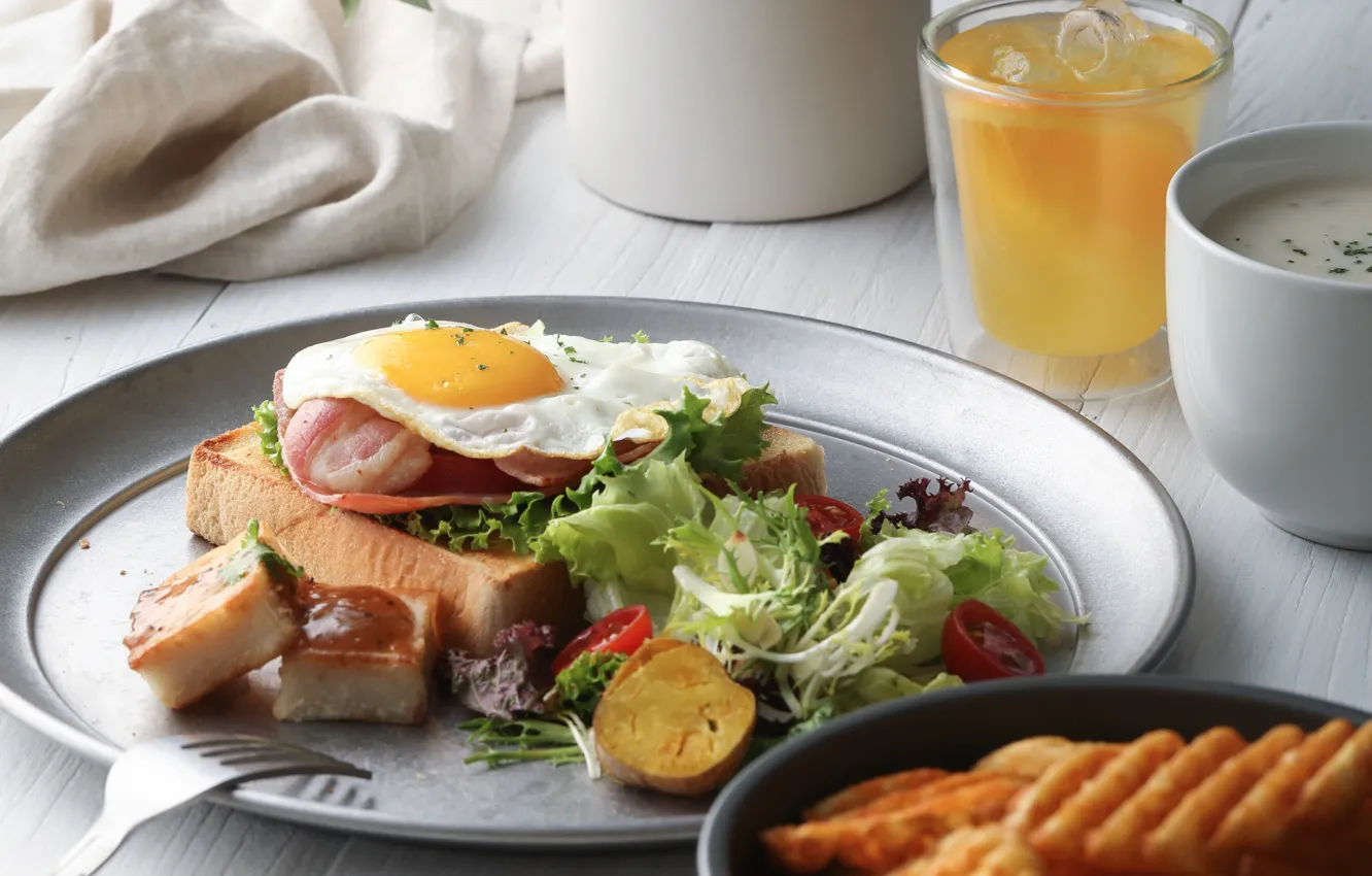 Фото обои яйцо, завтрак, сок, овощи, салат