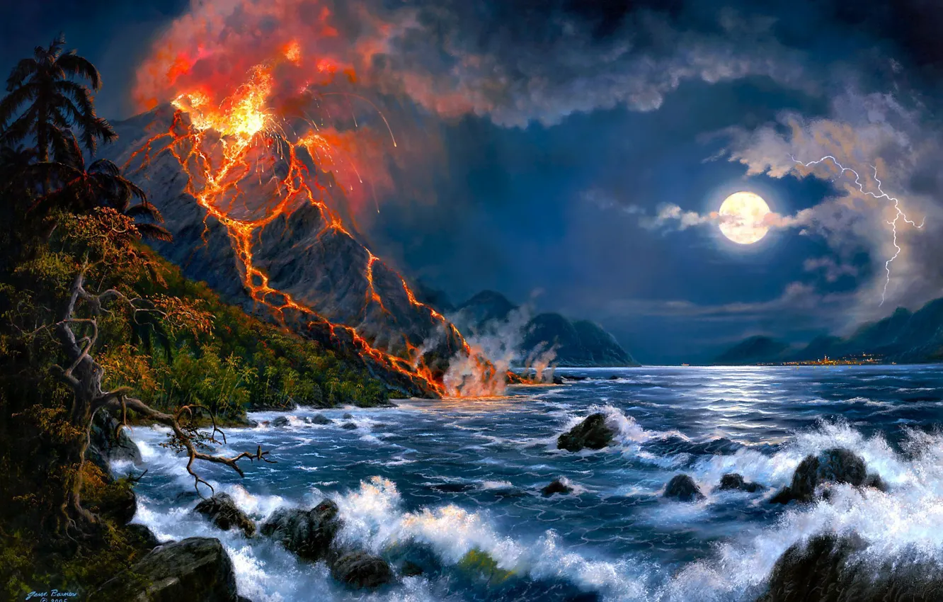 Фото обои море, пейзаж, вулкан, арт, Jesse Barnes, извержение вулкана