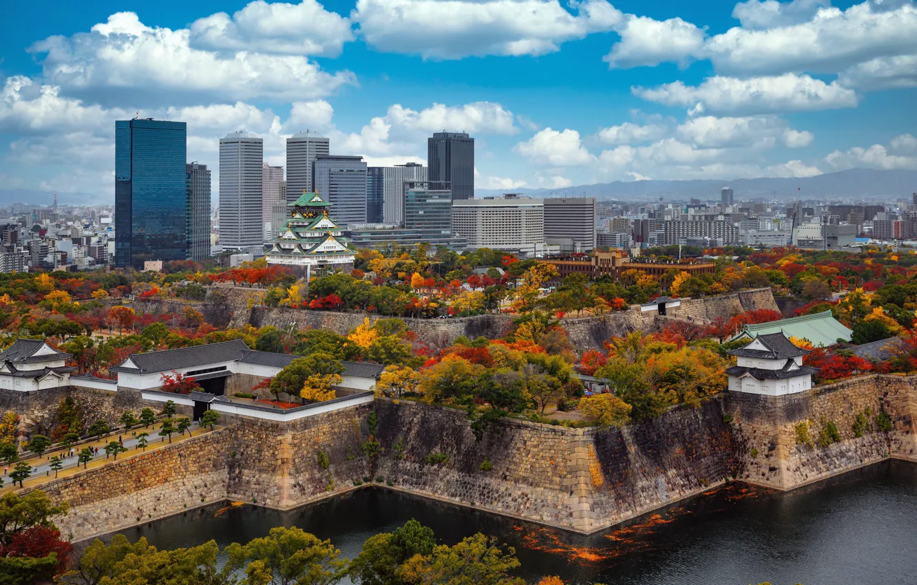 Фото обои деревья, парк, замок, здания, Япония, Japan, небоскрёбы, Osaka