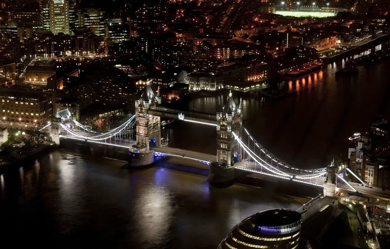 Фото обои ночь, город, река, Англия, Лондон, дома, небоскребы, освещение