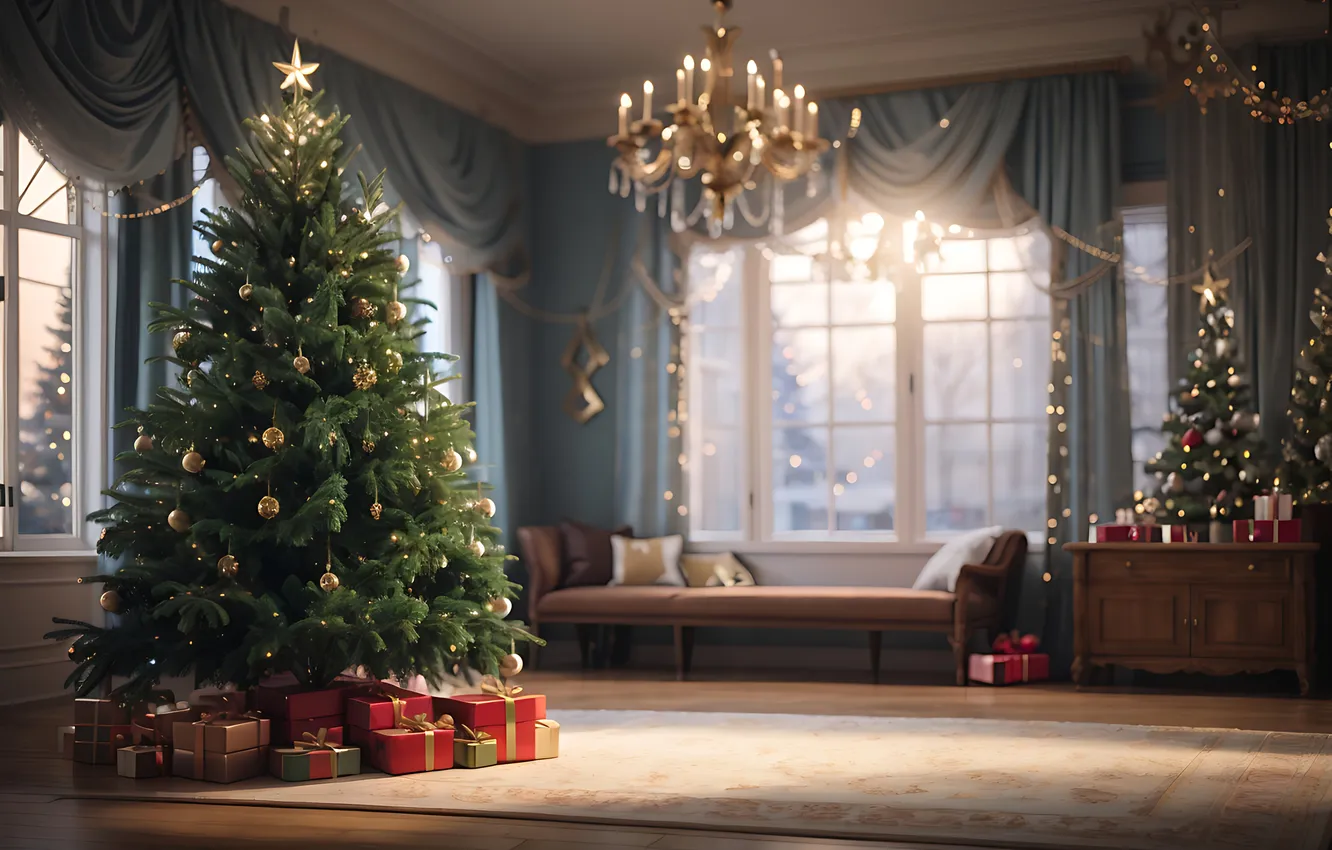 Фото обои украшения, комната, подарок, елка, новый год, интерьер, Рождество, Christmas