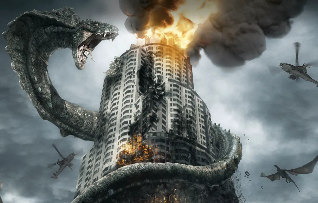 Фото обои огонь, дракон, дым, здание, змея, вертолеты, кобра, битва драконов