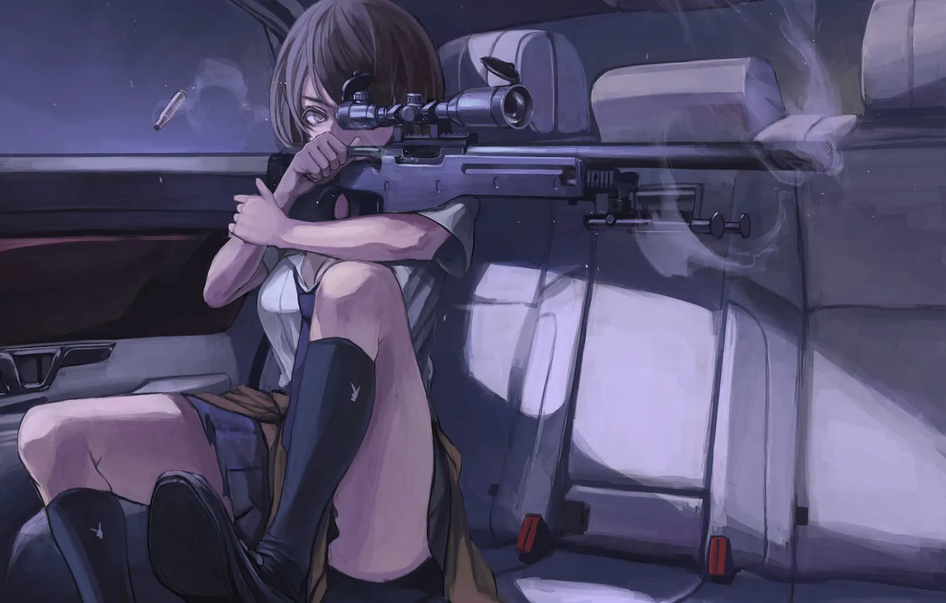 Фото обои авто, девушка, снайпер, автомобиль, anime, целится, art, снайперкая винтовка