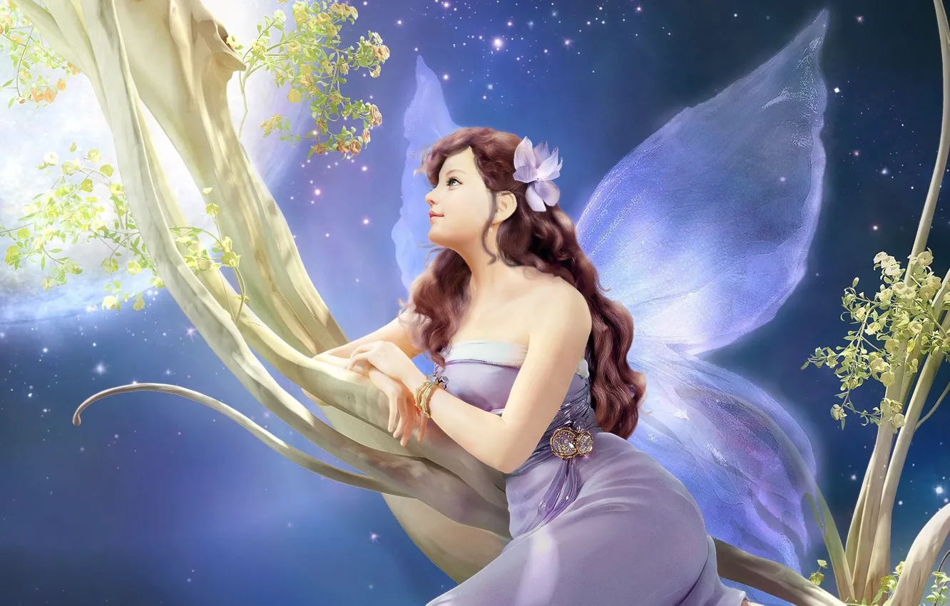 Фото обои цветок, девушка, украшения, ночь, дерево, луна, крылья, ветка