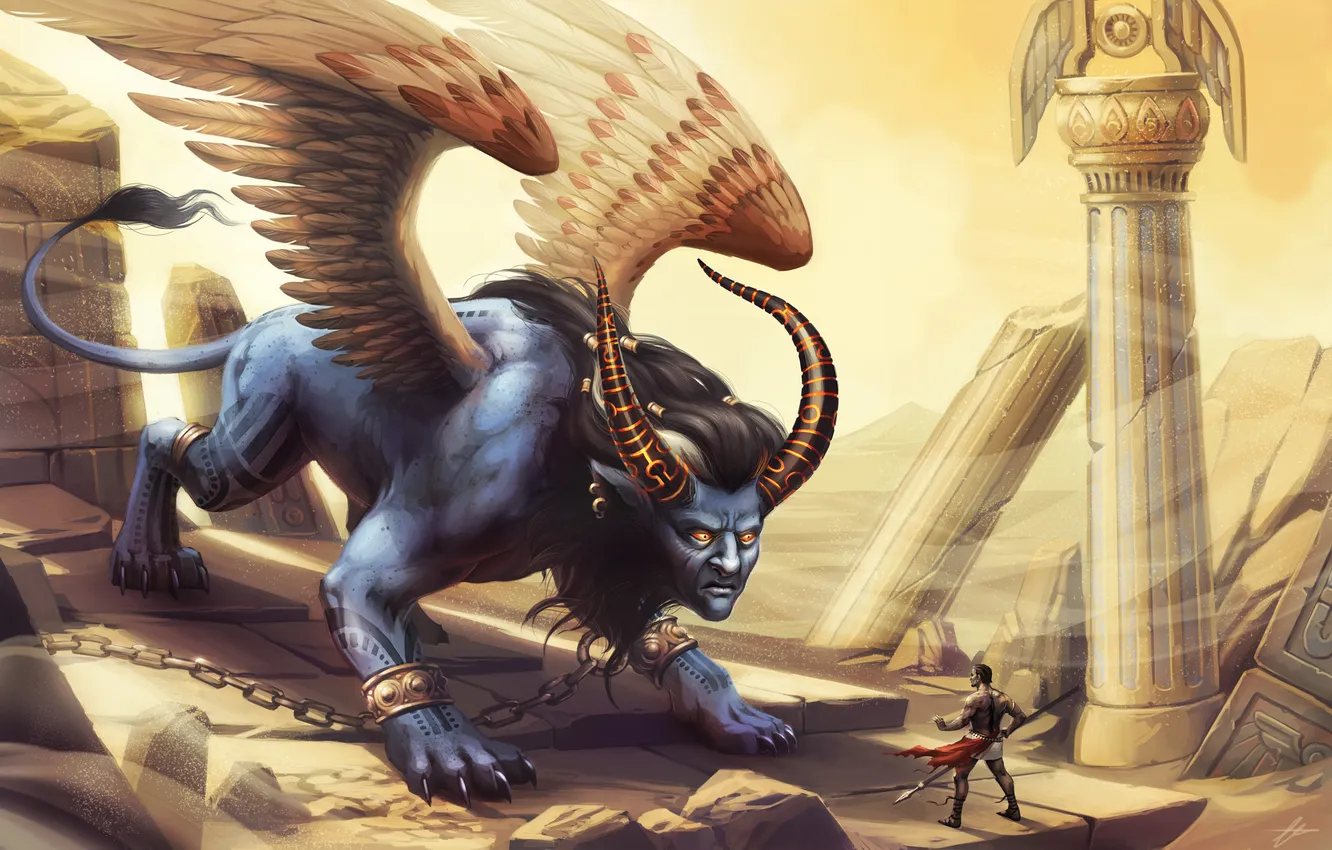 Фото обои песок, оружие, ветер, пустыня, человек, крылья, монстр, арт