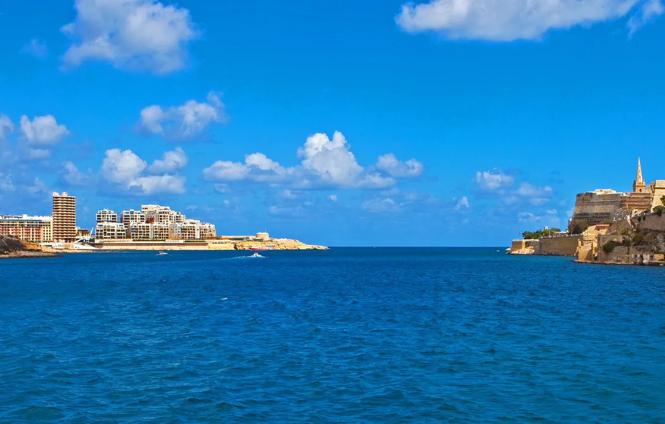 Фото обои море, небо, город, фото, дома, Мальта, Valletta