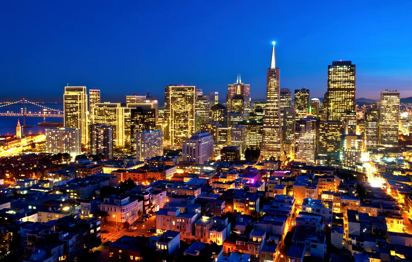Фото обои огни, здания, Калифорния, Сан-Франциско, ночной город, небоскрёбы, California, San Francisco