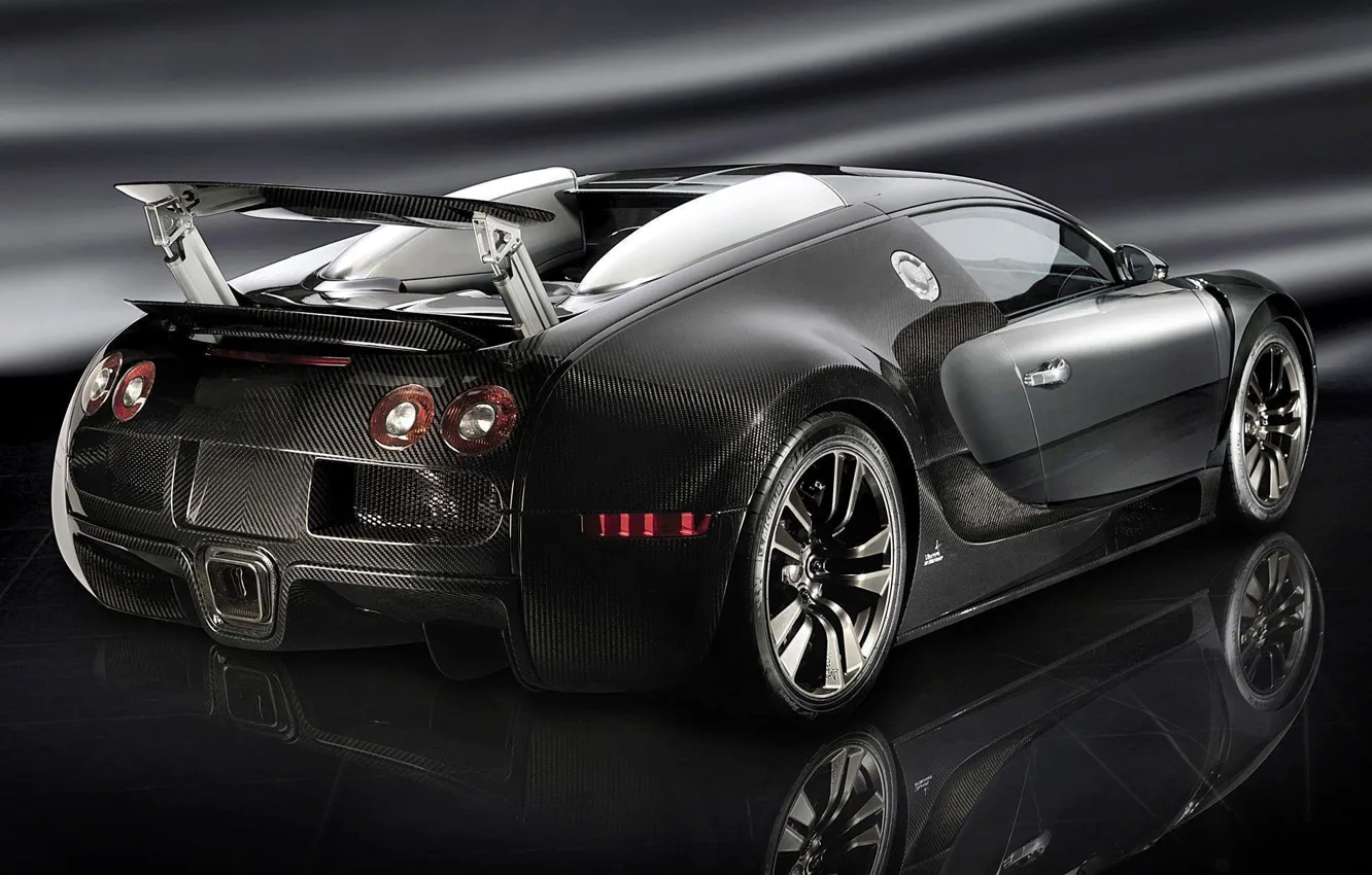 Фото обои тюнинг, купе, Bugatti Veyron, black, гиперкар, полноприводная, среднемоторная, Единственный в мире
