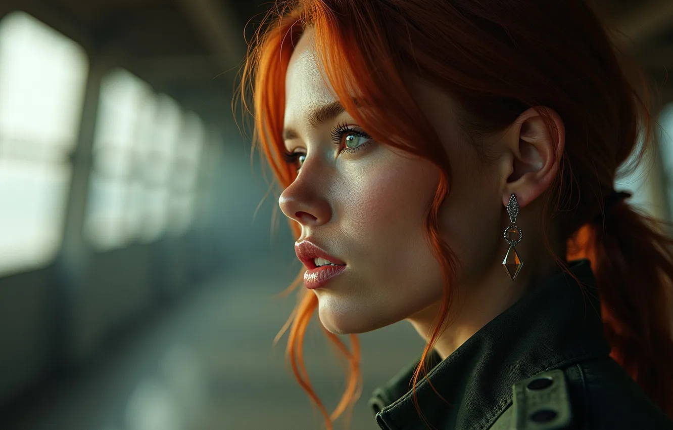 Фото обои девушка, серьги, куртка, губы, рыжая, girl, сережки, redhead