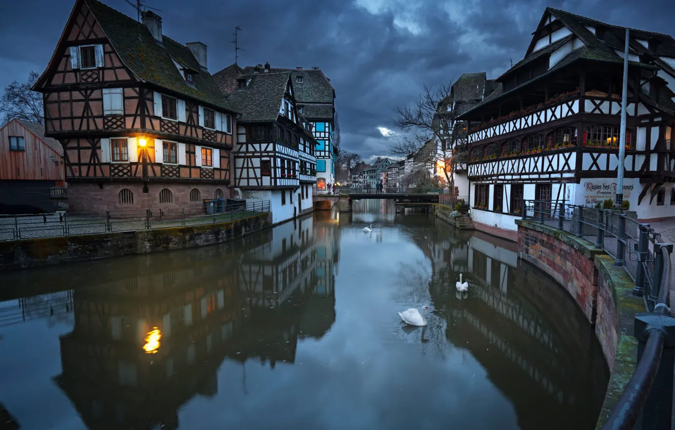Фото обои ночь, город, улица, Франция, дома, канал, лебеди, Страсбург
