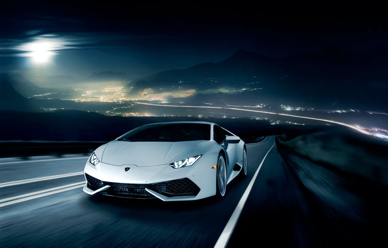 Фото обои ночь, движение, Lamborghini, горизонт, white, front, LP 610-4, Huracan
