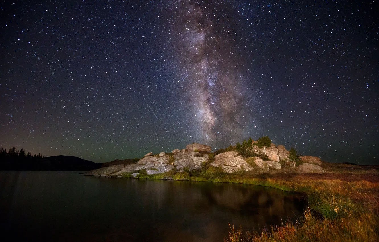 Фото обои landscape, night, lake, rocks, stars, milky way