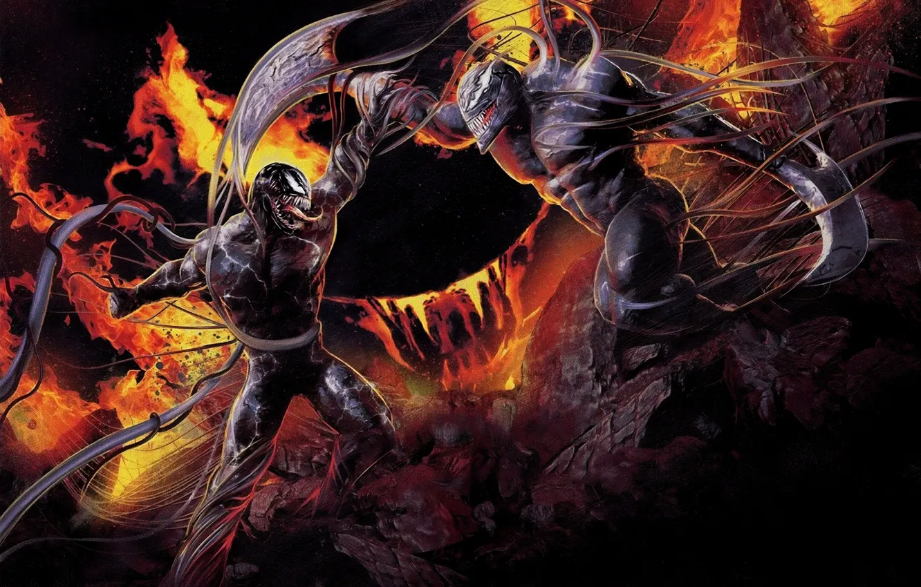 Фото обои оружие, противостояние, арт, двое, Веном, Venom, симбиоты
