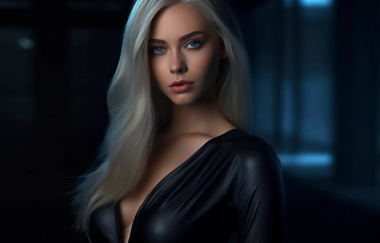 Фото обои взгляд, неон, блондинка, голубые глаза, длинные волосы, blue eyes, Neon, Stable Diffusion