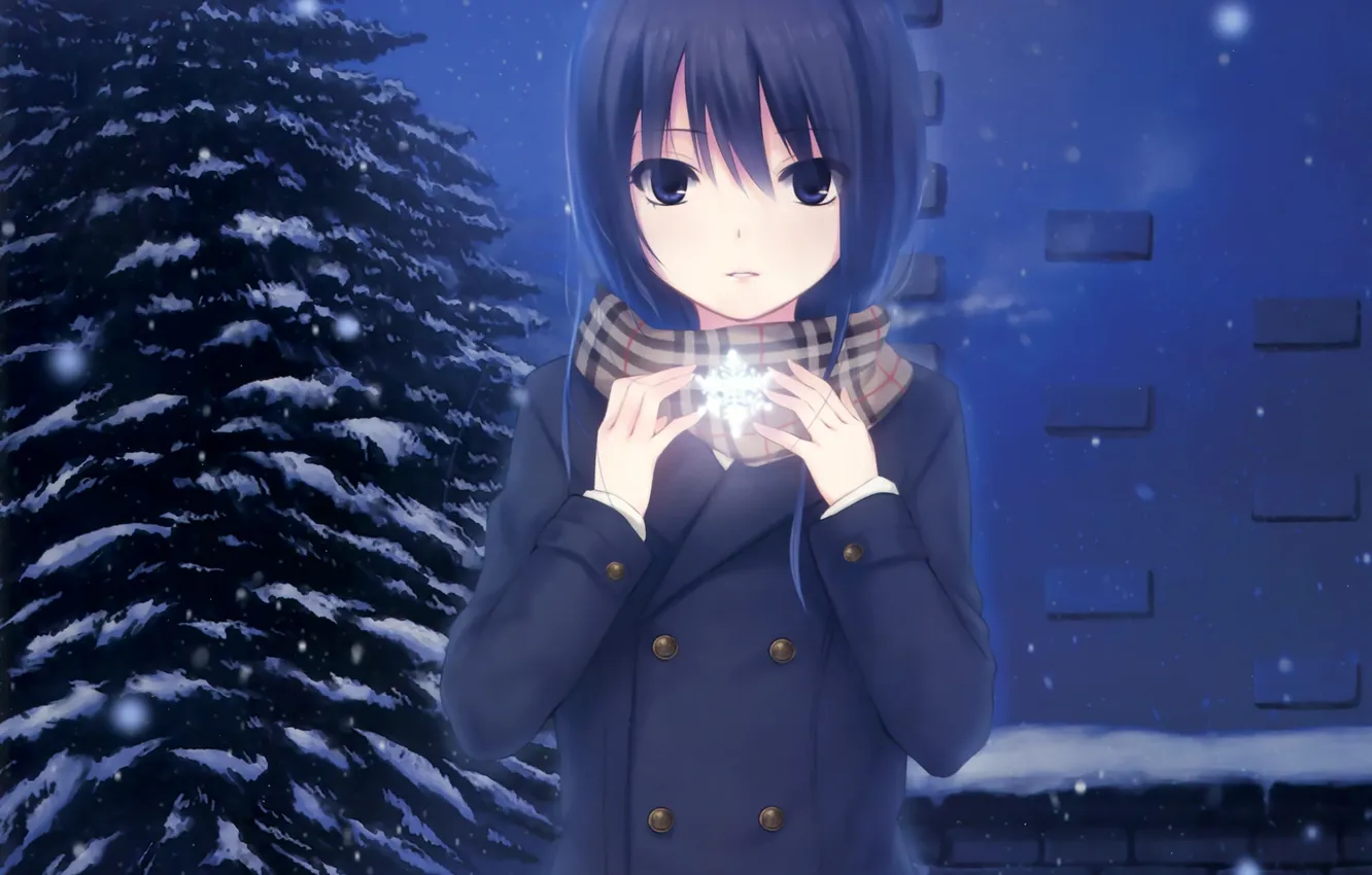 Фото обои зима, девушка, снег, ночь, ель, шарф, арт, снежинка