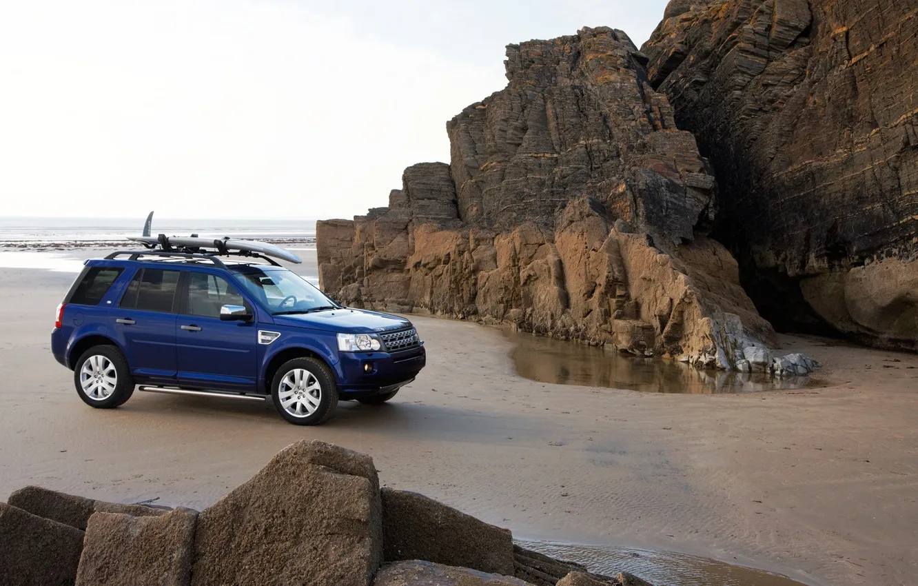 Фото обои Море, Пляж, Горы, Синий, Машина, Обои, Land Rover, Car