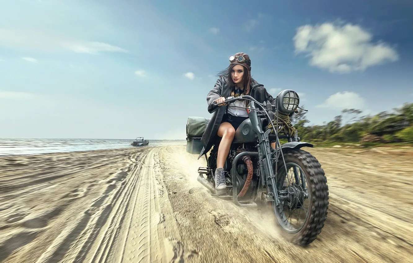 Фото обои пляж, девушка, мотоцикл
