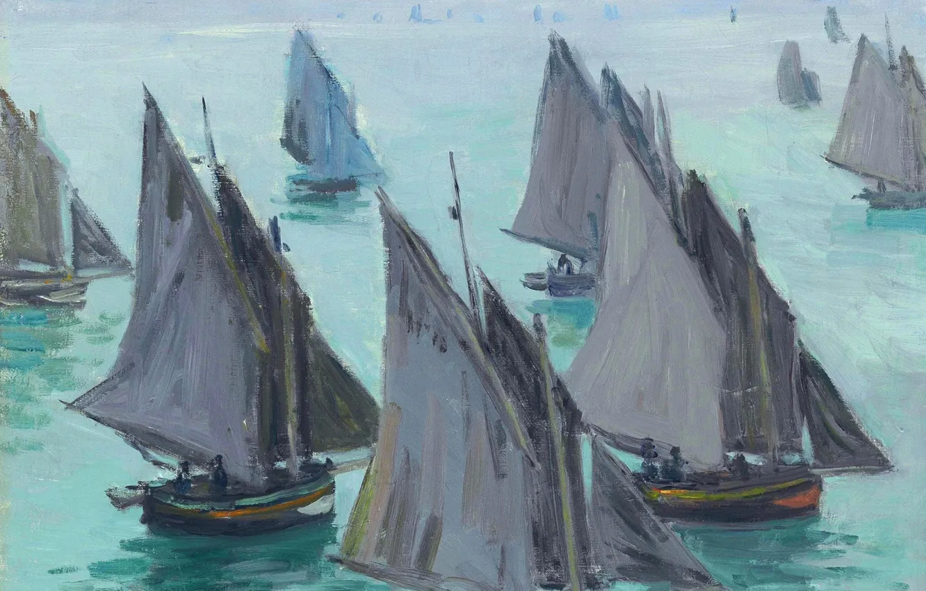 Фото обои картина, парус, морской пейзаж, Клод Моне, Рыбацкие Лодки. Спокойное Море