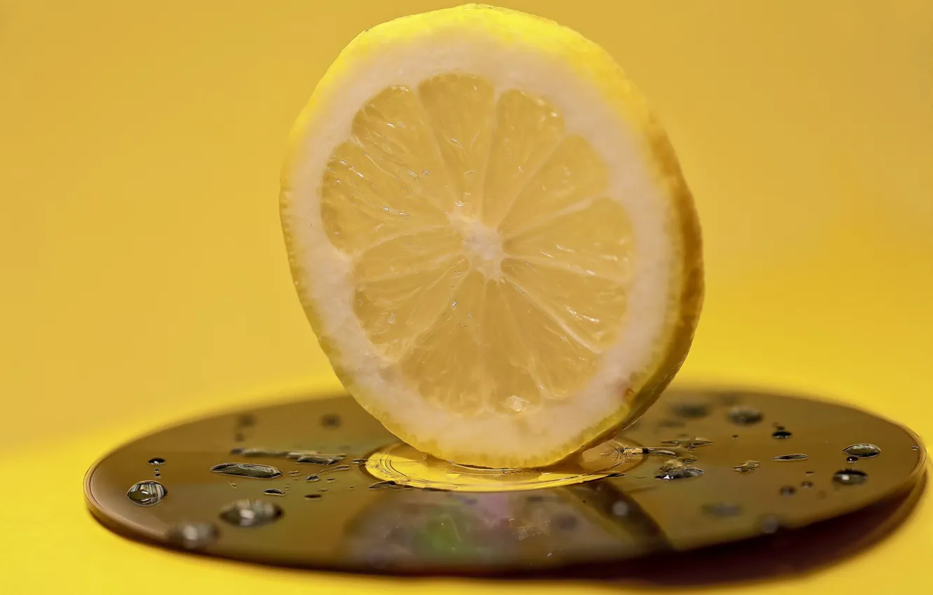 Фото обои капли, макро, лимон, долька