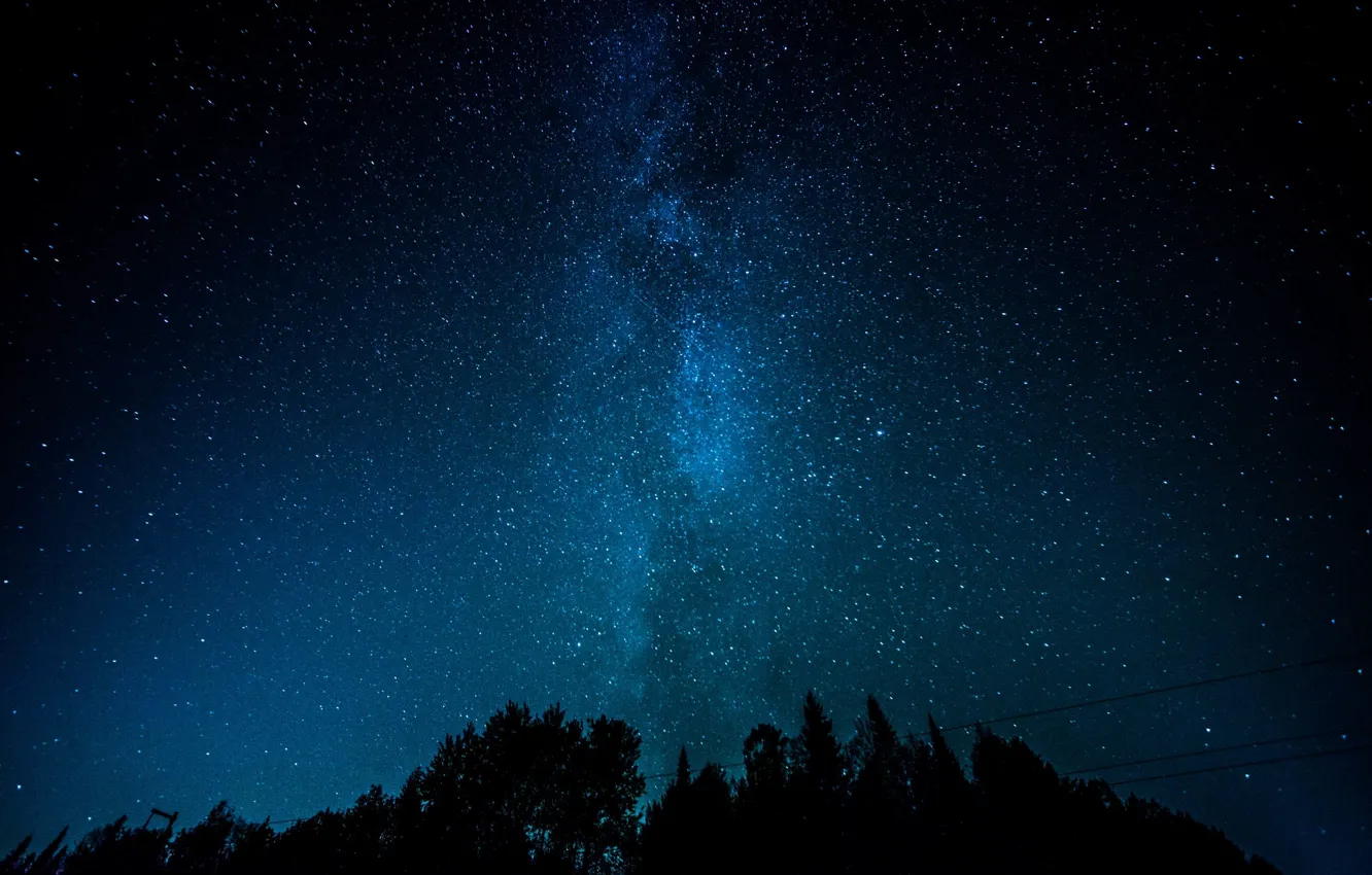 Фото обои космос, звезды, деревья, силуэт, загадка, Млечный Путь, линии электропередачи
