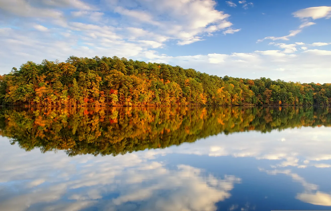 Фото обои осень, облака, деревья, озеро, отражение
