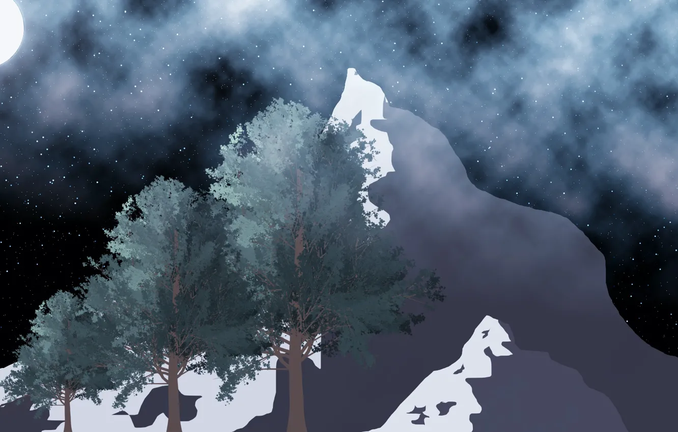 Фото обои лес, небо, звезды, горы, туман, луна, елки, moon