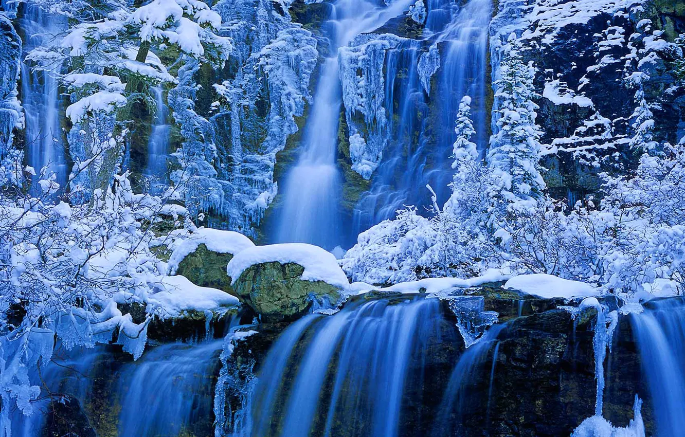 Фото обои зима, снег, водопад, Канада, Альберта, Jasper National Park, Tangle Creek Falls