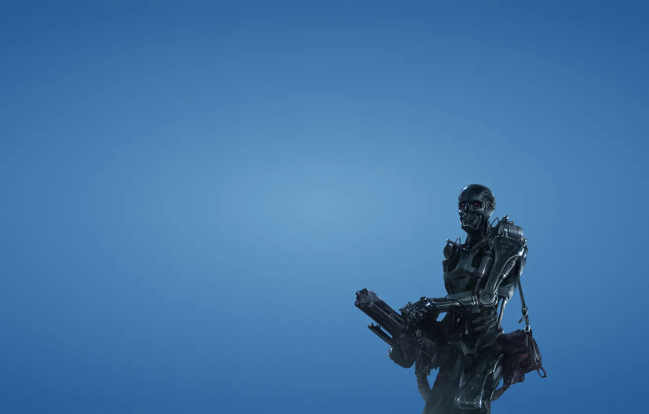 Фото обои оружие, робот, минимализм, терминатор, скелет, красные глаза, синий фон, Terminator