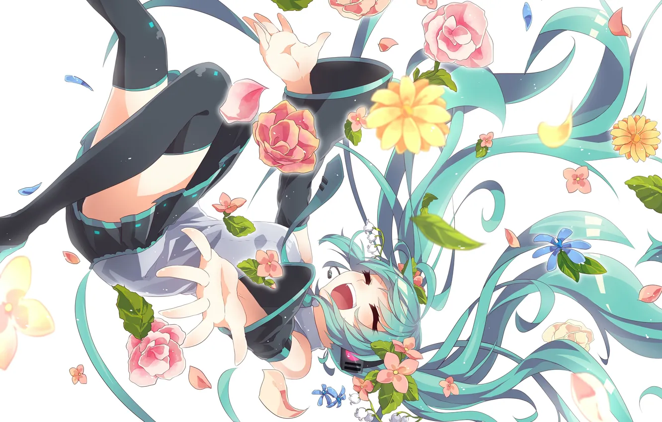 Фото обои девушка, радость, цветы, аниме, арт, микрофон, vocaloid, hatsune miku