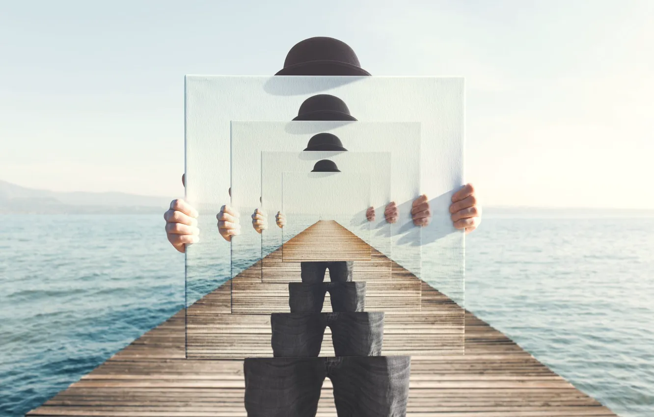 Фото обои море, человек, картина, шляпа, руки, эффект