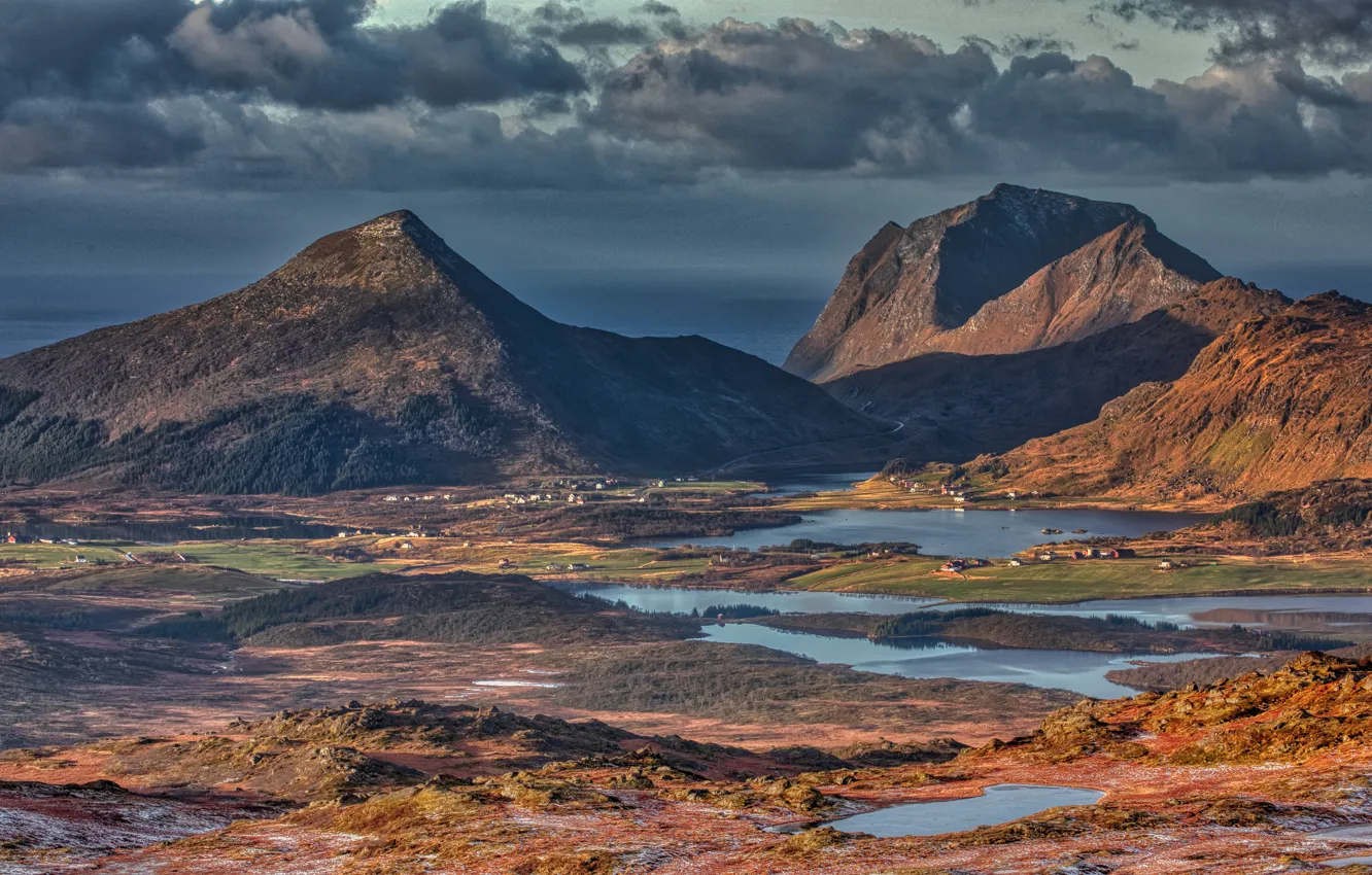 Фото обои горы, Норвегия, Lofoten, Justadtinden
