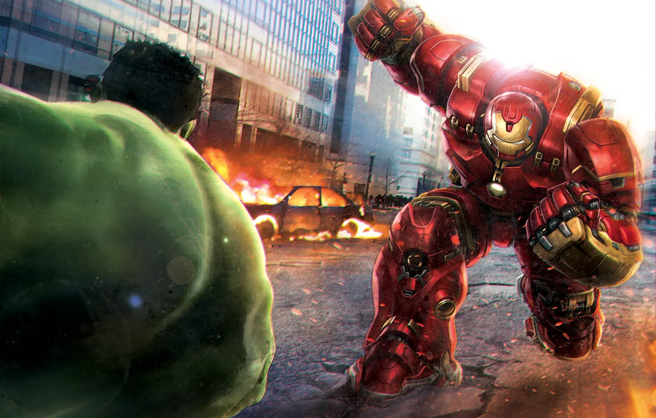 Фото обои Hulk, iron man, tony stark, Battle, Avengers: Age of Ultron, bruce banner, Hulkbuster