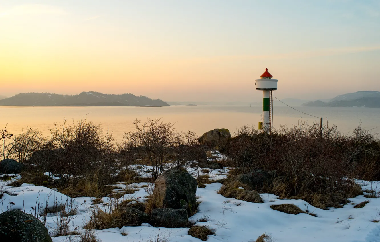 Фото обои twilight, sea, sunset, winter, snow, dusk, lighthouse