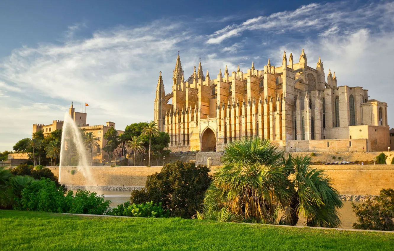 Фото обои пальмы, готика, собор, фонтан, Испания, Мальорка, Santa Maria из Palma De Mallorca