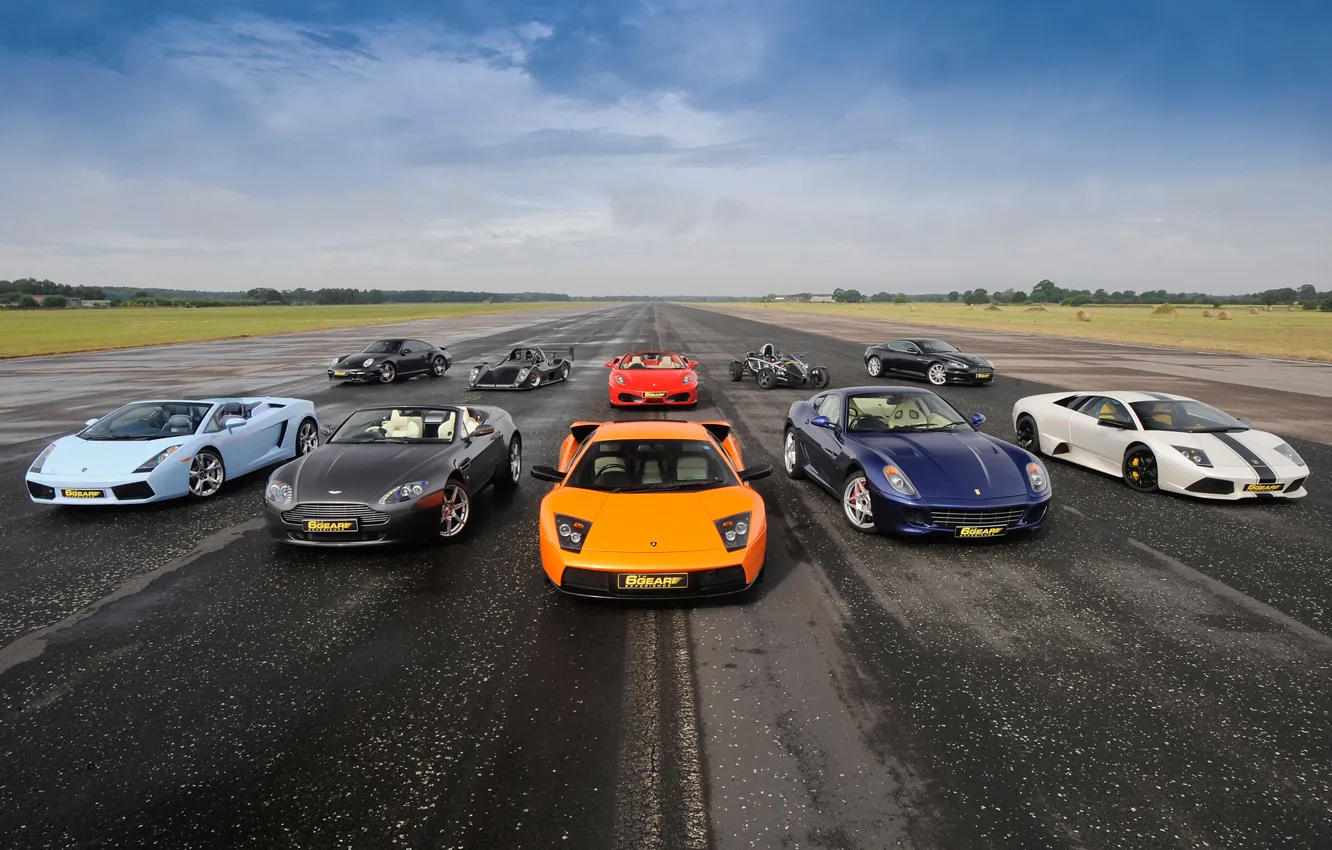 Фото обои небо, Ferrari 599, суперкары, mixed, Ferrari F430 Spider, Aston Martin DBS, Supercars, Ariel Atom