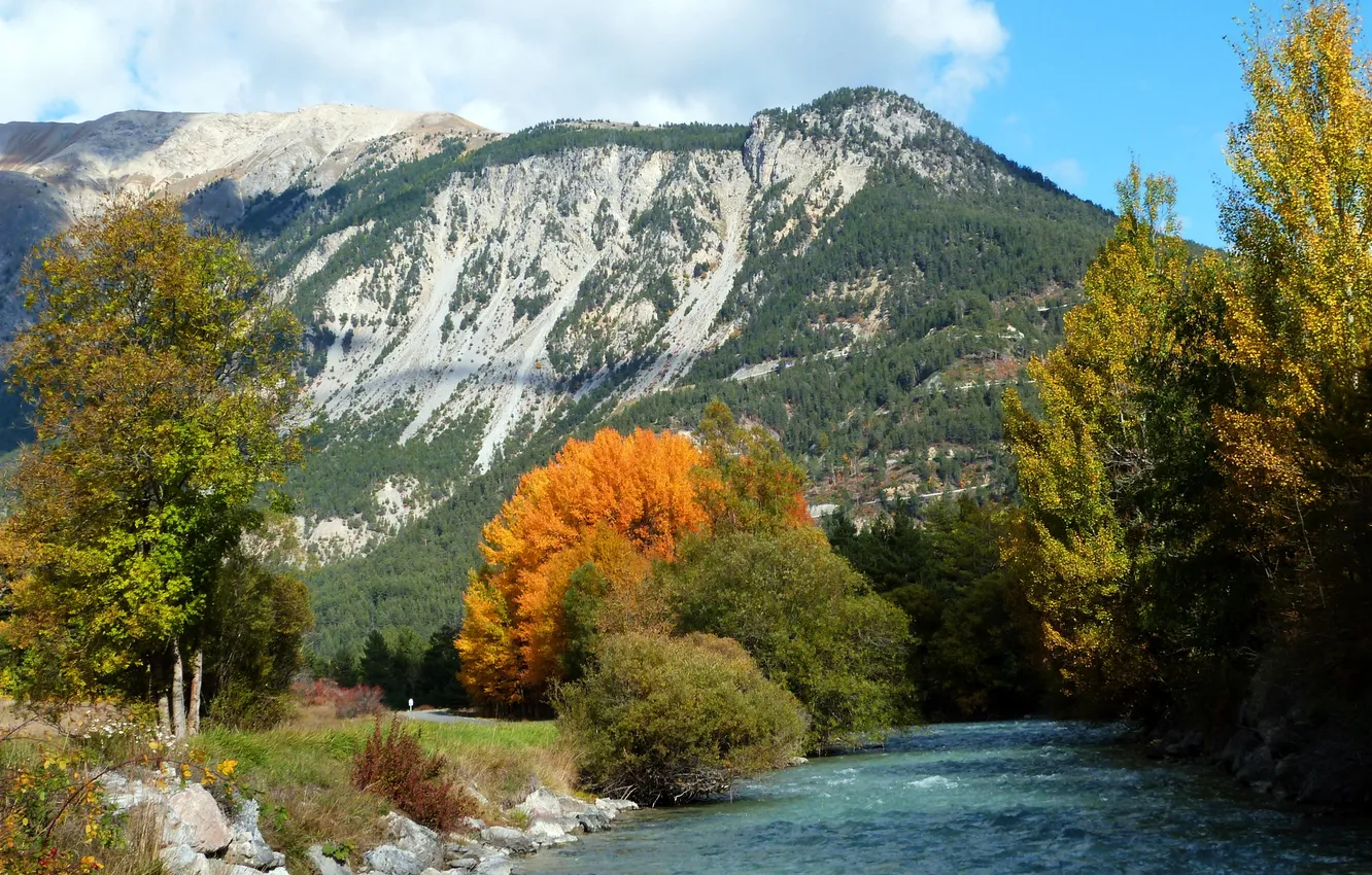 Фото обои осень, деревья, горы, река, камни, Франция, солнечно, Val-des-Pres