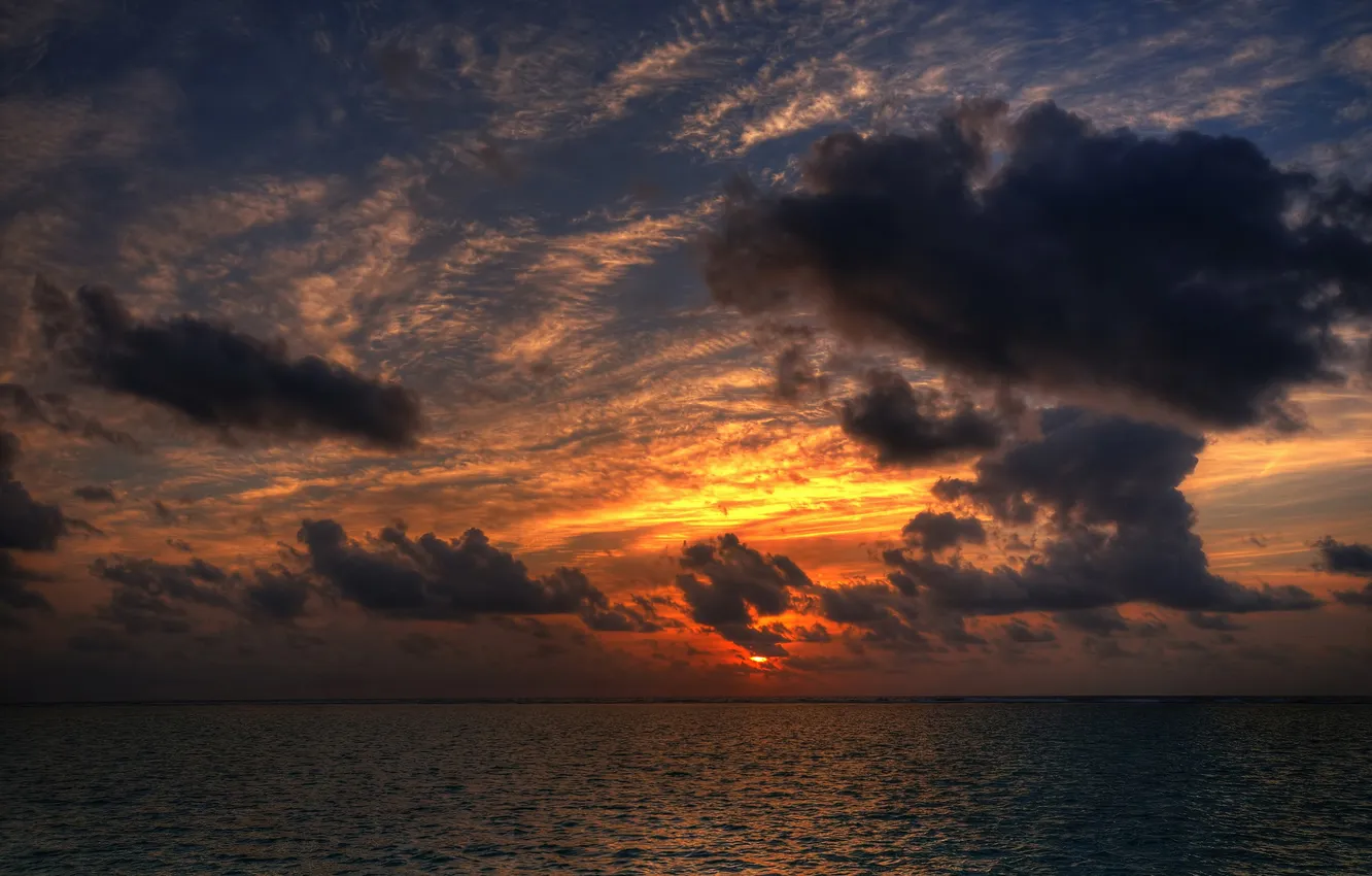 Фото обои море, небо, солнце, облака, закат