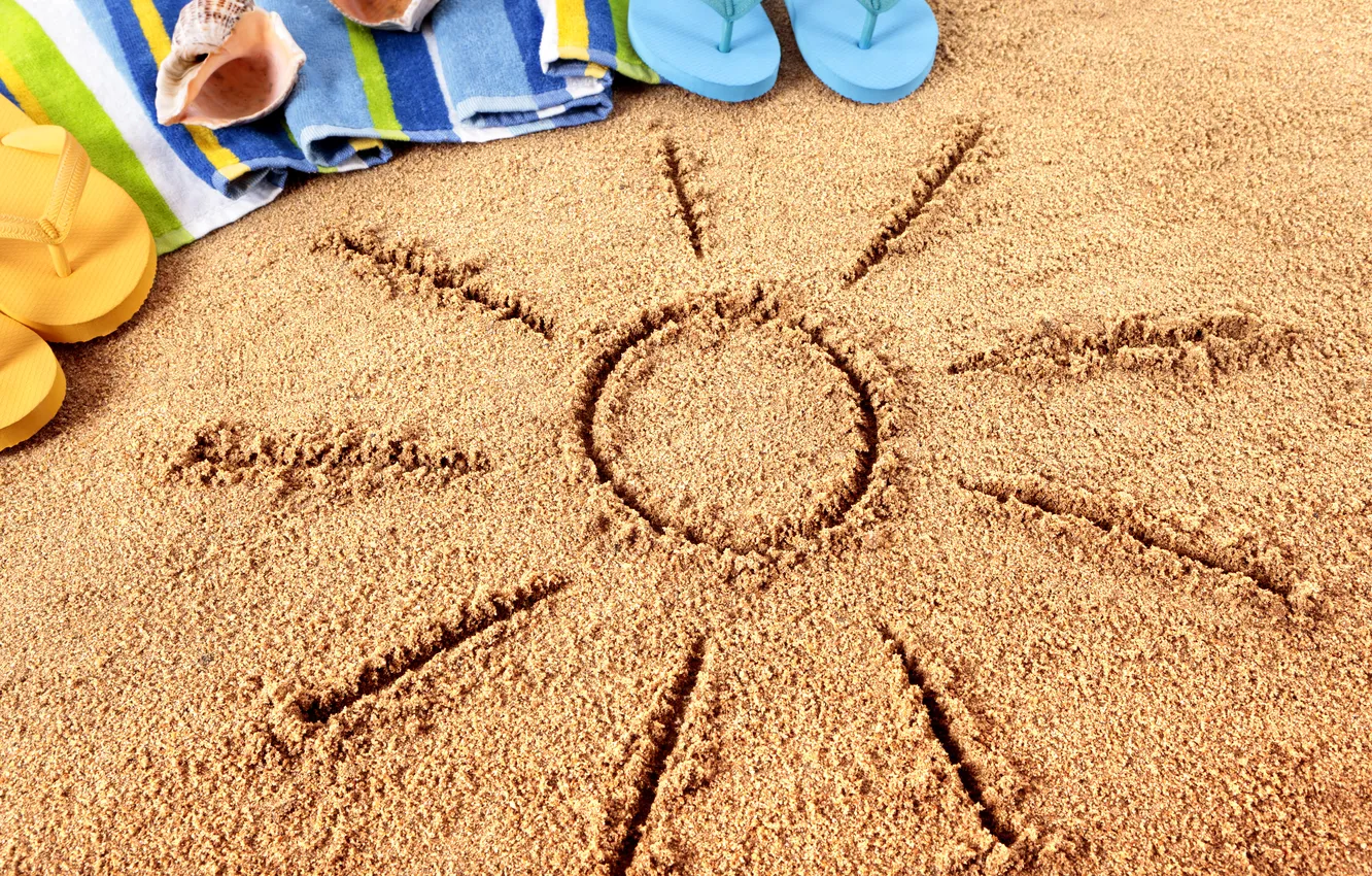 Фото обои песок, пляж, лето, отдых, полотенце, очки, summer, beach