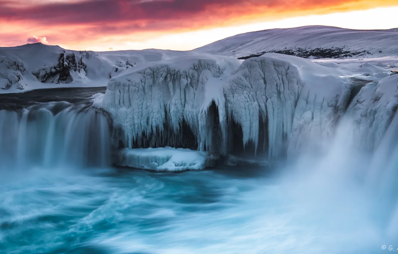 Фото обои лед, зима, снег, природа, река, рассвет, водопад