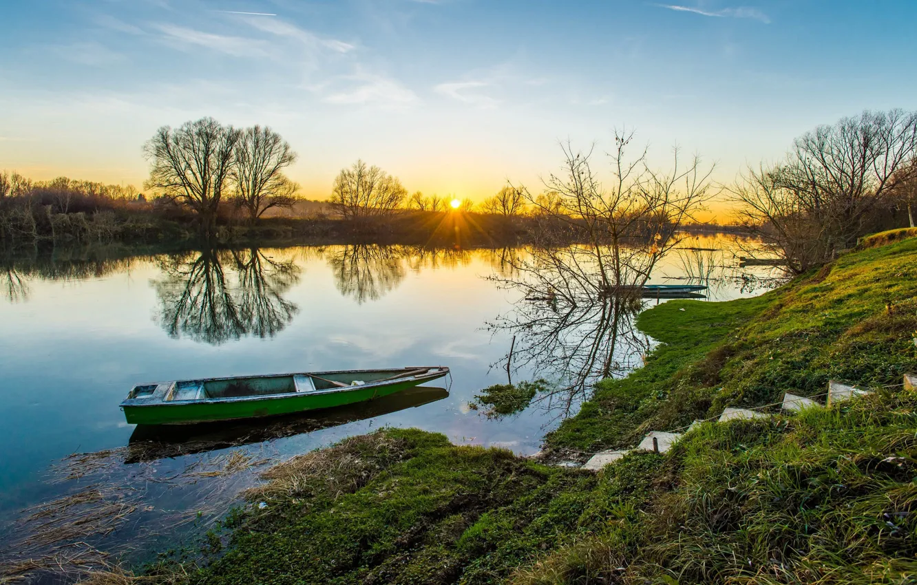Фото обои закат, река, лодки, Хорватия, Kupa